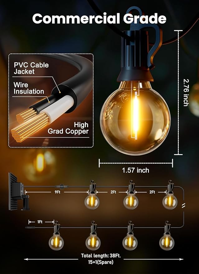 Brightown 38FT Solar String Lights Outdoor and 16 LED Shatterproof Bulbs, Dimmable & Timable, 3 Light Modes, Solar Patio String Lights Outdoor for Cafe, Garden, Deck, Outside Wedding