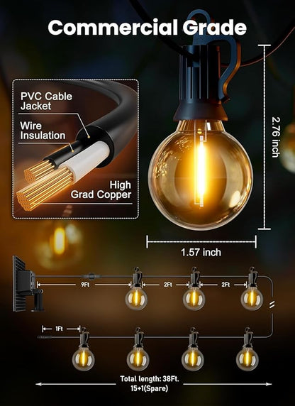 Brightown 38FT Solar String Lights Outdoor and 16 LED Shatterproof Bulbs, Dimmable & Timable, 3 Light Modes, Solar Patio String Lights Outdoor for Cafe, Garden, Deck, Outside Wedding
