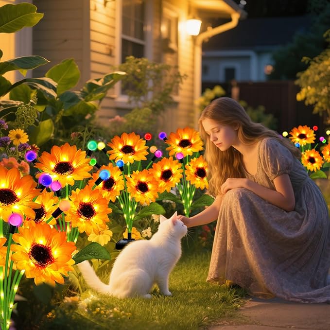 Solar Garden Lights-4 Pack Solar Sunflowers with Multicolor Changing Swaying Firefly Lights,Gifts for Mom Women Mothers Day Birthday,Waterproof Firefly Sunflower Light for Outdoor Patio Yard Decor