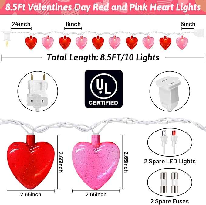 8.5Ft Red & Pink Heart String Lights, Valentine's Day Decorations Light with 10 LED Red - Decorative Outdoor Light | Lumora