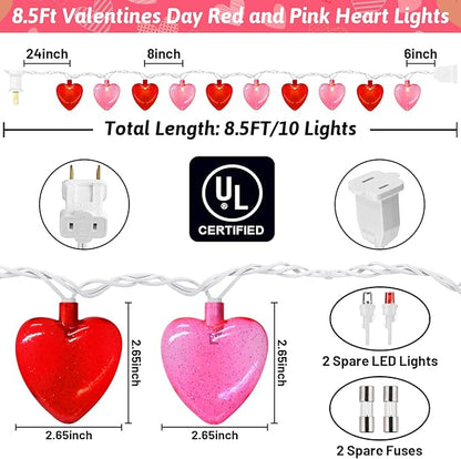 8.5Ft Red & Pink Heart String Lights, Valentine's Day Decorations Light with 10 LED Red Pink Glitter Heart Lights, Connectable Romantic Fairy Light for Wedding Valentine Anniversary Party Decor