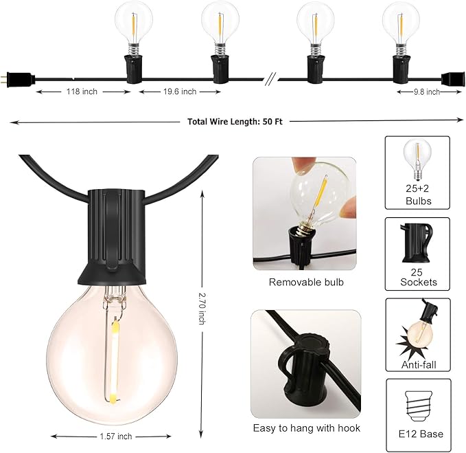 DAMAING Outdoor String Lights LED 50Feet G40 Globe Patio Lights with 27 Edison Plastic LED Bulbs,2700K Warm Glow | Lumora