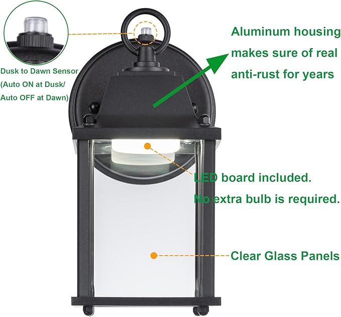 LIT-PaTH Dusk to Dawn Outdoor Wall Lantern, LED Wall Sconce, 3000K Warm White, 9.5W, 800 Lumen, Aluminum Housing Plus Glass, Outdoor Rated, 2-Pack, Black
