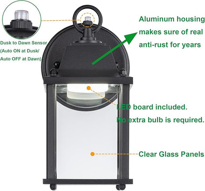 LIT-PaTH Dusk to Dawn Outdoor Wall Lantern, LED Wall Sconce, 3000K Warm White, 9.5W, 800 Lumen, Aluminum Housing Plus Glass, Outdoor Rated, 2-Pack, Black