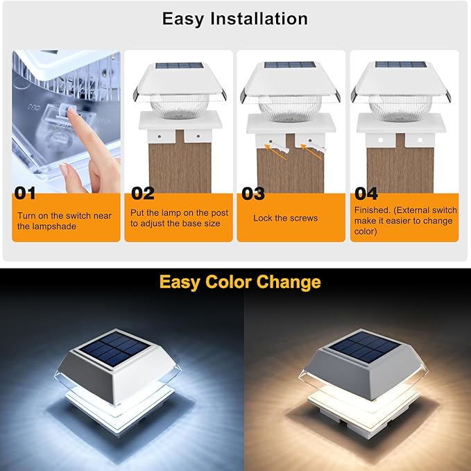 Suamote Solar Post Cap Lights Outdoor, Fits 4x4 Wood/Vinyl Posts, Post Lights Solar-Powered IP65 Waterproof for Yard, Deck, Fence, Efficient 1500mAh Battery, 120 Lumen, Warm White & Cold White
