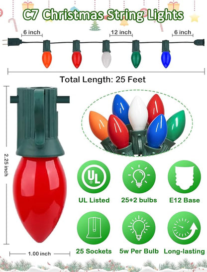 C7 Vintage Christmas String Lights with 27 Multicolor Ceramic Bulbs, 25FT Retro Outdoor String Lights for Christmas Tree Patio Garden Roofline Decoration (Green Wire)