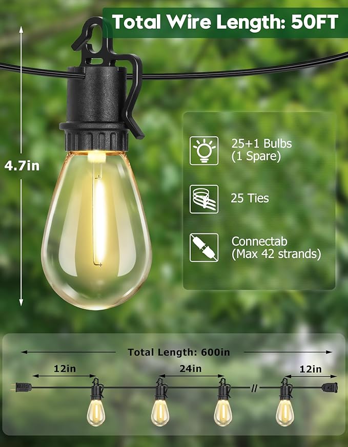 50FT Outdoor String Lights with 25 Shatterproof S14 Vintage Edison Bulbs E12 Sockets,2700K Dimmable Outdoor | Lumora