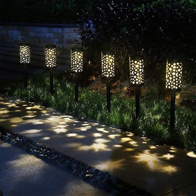 POPETPOP 4pcs Solar Garden Stake Lights, Outdoor Solar-Powered Lawn Lamps with Star and Openwork Iron Design for Pathway and Patio Lighting