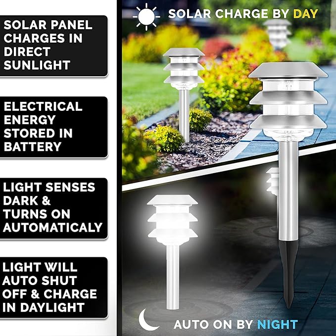 Morvat LED Auto Solar Powered Outdoor Path Lights with Stainless Steel & Watertight Lens for Garden Yard & Pathway, Bright Waterproof Landscape & Patio Lighting, Dusk to Dawn, White Light, 6 Pack