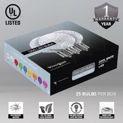 Wintergreen Lighting OptiCore Heavy Duty Patio LED Lights (50 Lights, 50', E17, Cool White G50 Bulbs on Black Wire)