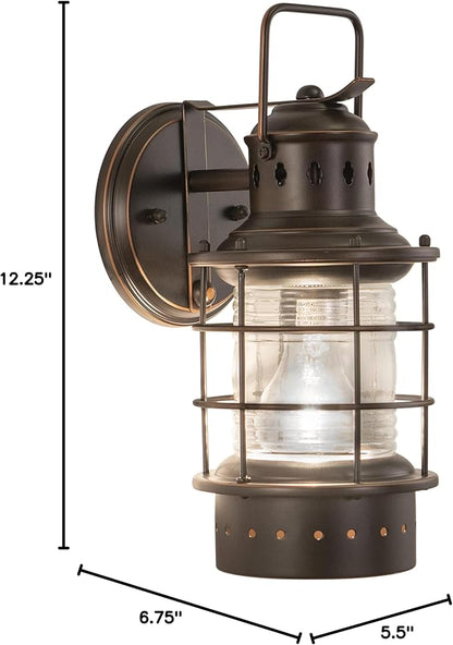 VAXCEL Hyannis 12.25 in. H 1-Light Burnished Bronze Coastal Outdoor Wall Sconce Made of Durable Steel, Clear Ribbed Glass Shade, LED Compatible, Use for Exterior Porch Patio Front Door or Garage