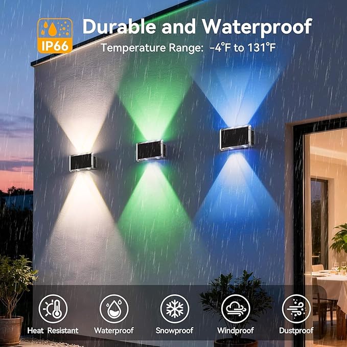 TECKNET Solar Outdoor Up Down Lights, 8 Modes RGB Color Changing Wall Sconces with 35% High Conversion Solar Panel, IP66 Waterproof Dual-Lens LED Decorative Lights for Garden, Fence, Patio (1 Pack)