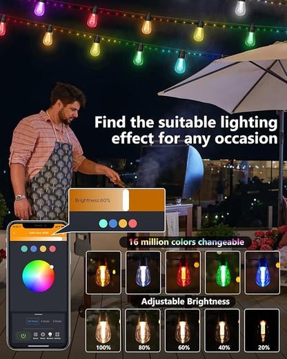 Flacchi Smart Outdoor Patio Lights - 46ft Smart S14 Christmas String Lights, Waterproof Shatterproof Bluetooth APP Remote Control Dimmable for Balcony, Backyard, Party, Holiday (RGB & Warm White)