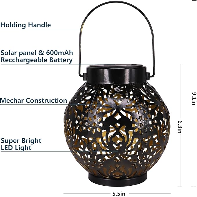 2 Pack Solar Lanterns，Retro Metal Light Solar Garden Light，Hanging LED Lanterns Solar Powered with Handle Waterproof，Suitable for Gardens, Courtyard Porches and Tabletops