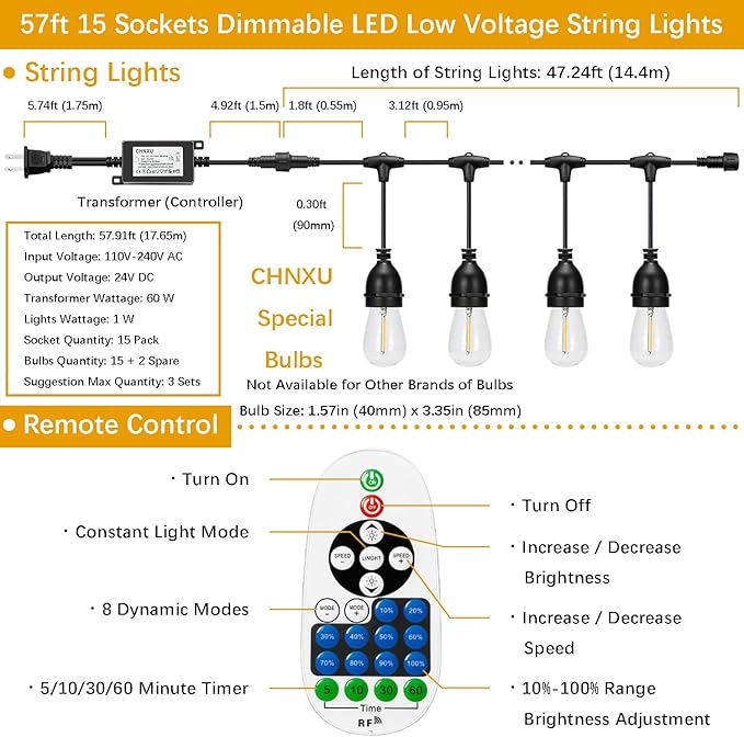 57ft Heavy Duty String Lights with Dimmer Transformer, 15 Sockets 17 Pack LED Vintage Glass Bulbs, Waterproof Low Voltage 24V DC, Commercial Grade Outdoor Hanging Lighting for Patio Porch Gazebo