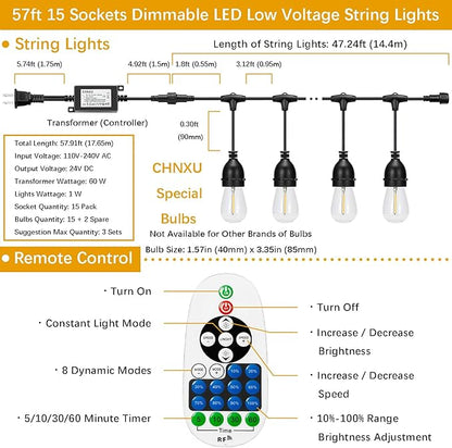 57ft Heavy Duty String Lights with Dimmer Transformer, 15 Sockets 17 Pack LED Vintage Glass Bulbs, Waterproof Low Voltage 24V DC, Commercial Grade Outdoor Hanging Lighting for Patio Porch Gazebo