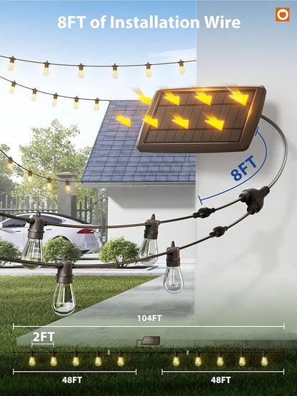 addlon 104FT(98FT+6) Solar String Lights Outdoor Waterproof with USB Port & Remote Control Solar Patio Lights for Outside Solar Powered with 52 LED Dimmable Bulbs for Porch Garden Deck Halloween