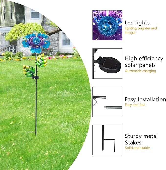 Adeco Flower Solar Lights Outdoor Garden Decor 35 inch Metal Garden Stake Lights with Crackle Globe Glass and Large Solar Panel Waterproof for Ground Patio Lawn Courtyard Flowerbed