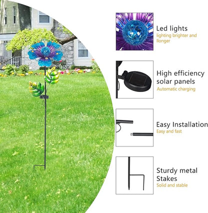 Adeco Flower Solar Lights Outdoor Garden Decor 35 inch Metal Garden Stake Lights with Crackle Globe Glass and Large Solar Panel Waterproof for Ground Patio Lawn Courtyard Flowerbed