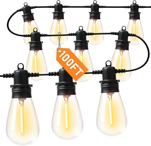 100FT LED Outdoor String Lights with 30 Edison Shatterproof IP65 Waterproof Bulbs, 2700K Dimmable Commercial Grade | Lumora