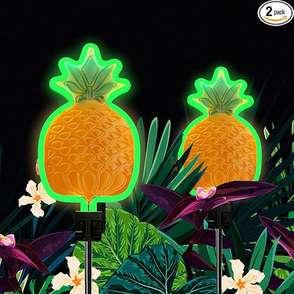 ANGMLN Solar Pineapple Neon Light - 2 Metal Garden Stake Lights 42 inch Path Lighting for Garden Yard Lawn Patio Walkway Decor
