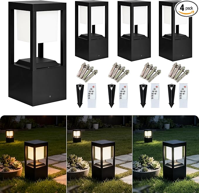 Solar Bollard Lights Outdoor, Premium Modern Led Landscape Pathway Lights Waterpoorf, Path Lighting for Garden Yard Walkway, 3CCT Seturable, Dusk to Dawn, Auto On/Off (4 Pack)