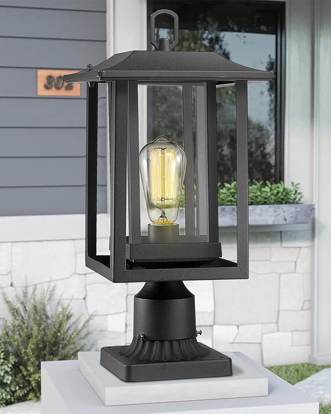 Beionxii Outdoor Post Light, Large Exterior Lamp Post Light Pier Mount Lantern with Base, Black Cast Aluminum | Lumora