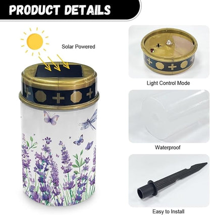 Poceacles Solar Lights Outdoor Cemetery Flameless LED Lights Grave Solar Lantern Outdoor Waterproof Decorative for Cemetery Grave Lawn Outdoor Decor, Hyacinth Flower Butterfly, Pack of 2