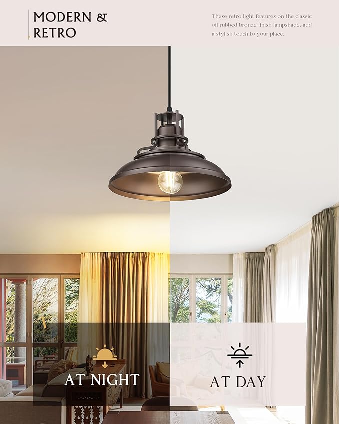 FEMILA Farmhouse Pendant Light,12" Barn Vintage Hanging Light Fixture for Kitchen Island, Adjustable Height,Oil Rubbed Bronze Finish, 4FY15-MP ORB