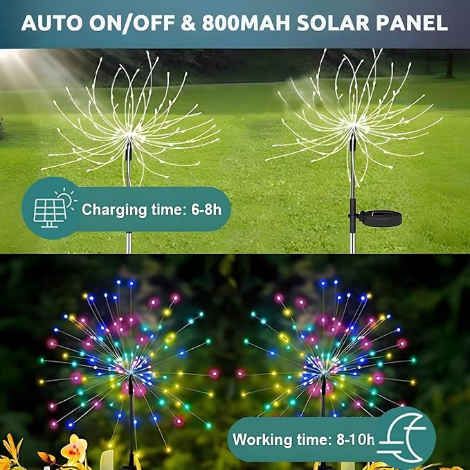 Redefun Solar Fireworks Lights for Outside 2 Pack 120 LEDs Solar Garden Decor, 8 Modes Sparkler Light Waterproof Starlit Starburst Lights for Yard Flower Bed Lawn Pathway Decorations - Multicolor