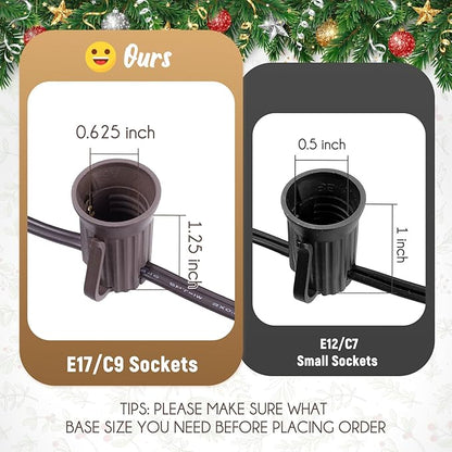 Brightown C9 Light Strand, 2 Pack 100 FT Outdoor String Lights Christmas Stringer with 100 Sockets for Christmas Decor Patio, E17 Light Socket, 12 Spacing, Brown Wire