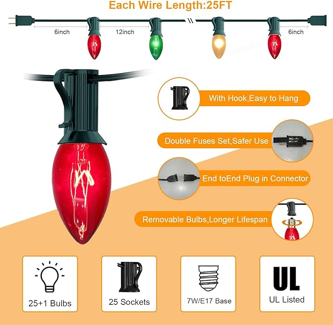 25Ft C9 Christmas Multicolor String Lights, Vintage Christmas Lights with 27 C9 Clear Red/Green/Frosted White | Lumora