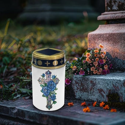 Poceacles Cross Outdoor Solar Lights - Waterproof Solar Lanterns with Blue Rose Gothic Cross Design, Pack of 4