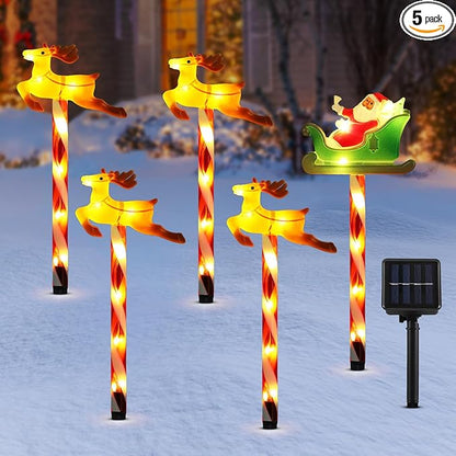 Lewondr Solar Christmas Pathway Lights, 5 PCS Solar Christmas Decorations Outdoor with 2 Lighting Modes, Santa Claus and Reindeer Lights with Garden Stake, Waterproof Garden Yard Patio Holiday Decor