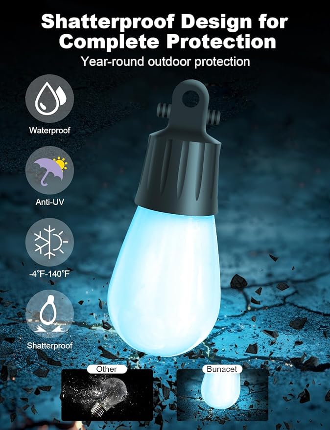 Outdoor String Lights APP Control with Remote, 64(52+12) ft RGB+IC+Warm White Outdoor Lights 18 LED Bulbs Music | Lumora