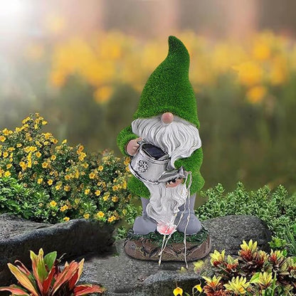 Solar Gnomes Garden Statues, Resin Figurine with Bright Solar Lantern Lights, LED Outdoor Garden Decor Light with Welcome Sign, Christmas Gifts Yard Art Sculptures for Patio Lawn (Green)
