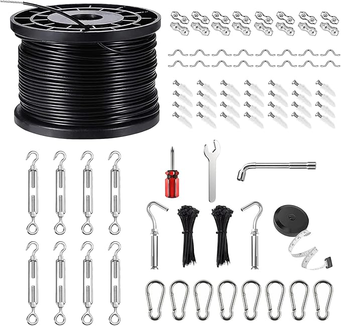 String Light Hanging Kits, 450FT Coated Stainless Steel 304 Wire Rope, Outdoor Black Guy Wire kit w/Expansion Hook | Lumora