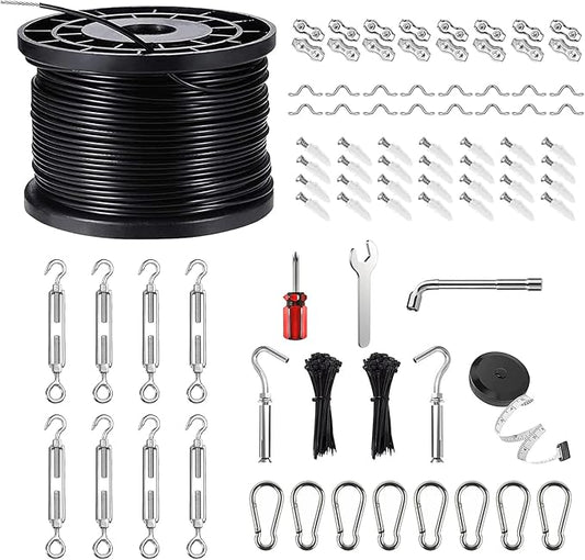 String Light Hanging Kits, 450FT Coated Stainless Steel 304 Wire Rope, Outdoor Black Guy Wire kit w/Expansion Hook, Enough Accessories, Humanized Collocation