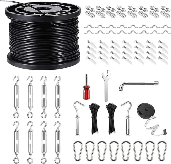 String Light Hanging Kits, 450FT Coated Stainless Steel 304 Wire Rope, Outdoor Black Guy Wire kit w/Expansion Hook | Lumora