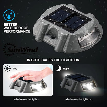 SUNWIND Solar Deck Lighting Outdoor - 4 Pack Waterproof Aluminum Dock Solar Powered Lights Outdoor LED Pathway Road Marker for Garden Path Stair Fence Driveway Road Dock Lighting (White)