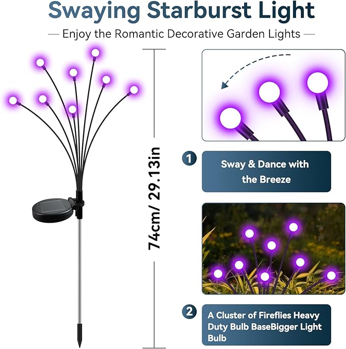 Solar Garden Lights Outdoor Waterproof, 2 Pack 16 LED Swaying Firefly Lights Outdoor Decor Light for Pathway Party Christmas Decoration, Unique Gifts for Women, Purple