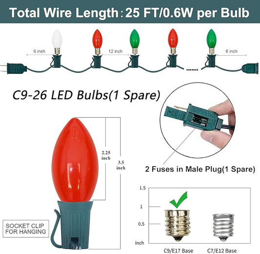 SUNSGNE C9 LED Outdoor Vintage Christmas Lights, 25FT Christmas Tree Lights with 26 0.6W LED Red Green White Bulbs(1 Spare) for Patio Garden Holiday Home Décor, Green Wire