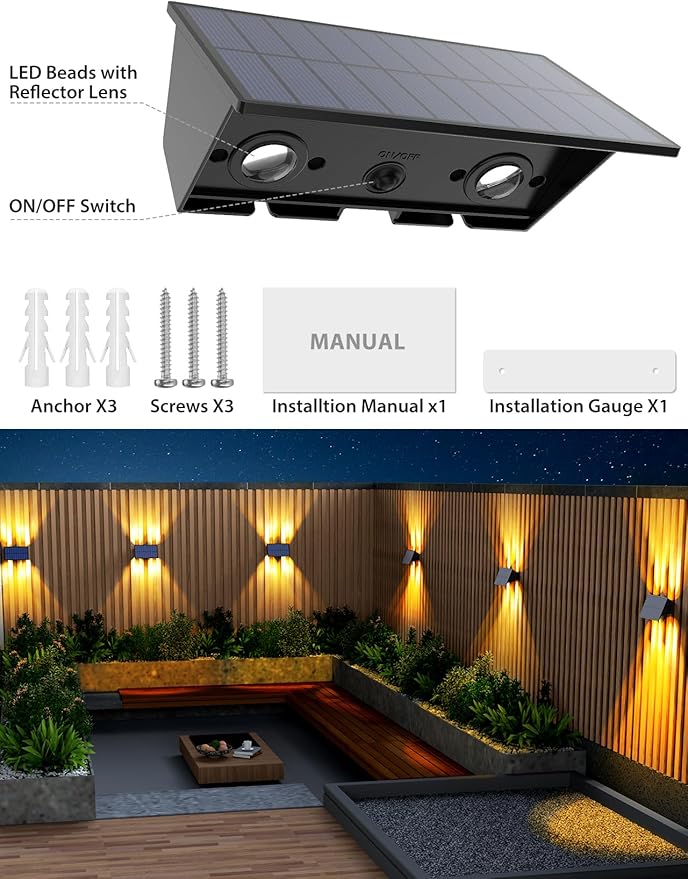 Solar Fence Lights,8Pack Solar Lights Outdoor 2700/4500/6000K 3 Mode Up & Down Solar Wall Lights Waterproof 100 | Lumora