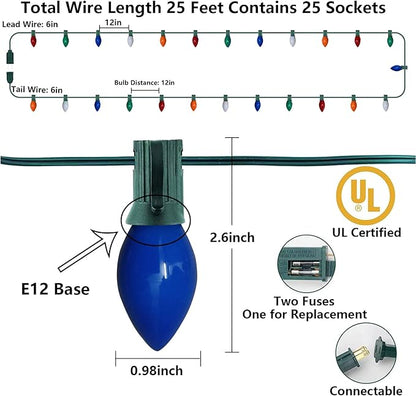 C7 Christmas Lights Outdoor 25Ft Vintage Christmas Lights 25 Ceramic Colorful Bulb Light, Multicolor Christmas String Light for Outdoor Patio Holiday Wedding Party Xmas Decorations