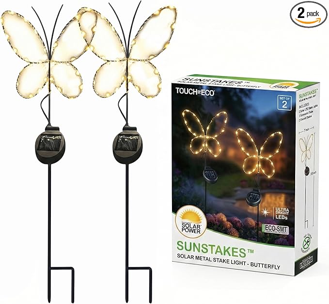 Touch Of ECO Outdoor Solar Powered LED Decorative Garden Stake Light - 2 Pack Warm White Butterfly Design - Great Decor for Yard, Patio, Lawn, Planter-Makes a Great Gift