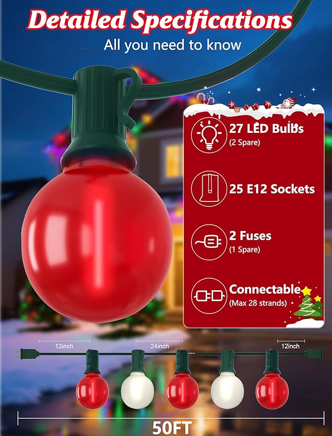 SUNSGNE G40 LED Christmas Globe Lights - 50FT Xmas Lights with 25 LED Frosted Red and White Christmas Bulbs for Indoor Outdoor Holiday Party Roofline Backyard Garden Patio Tree Decoration