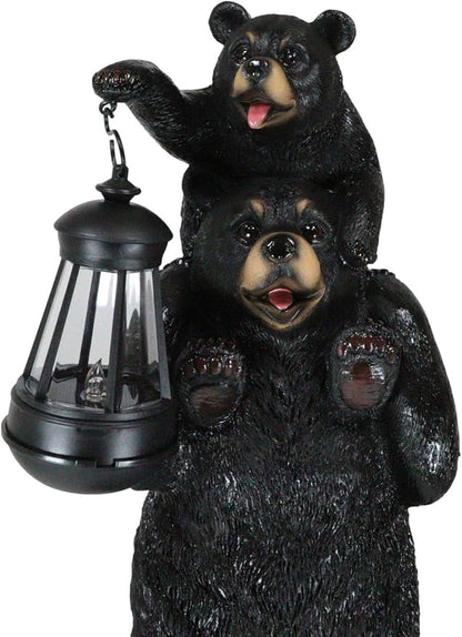 Ebros Rustic Black Bear Family Statue 18.75" Tall with Solar LED Lantern Light - Realistic Wildlife Decor
