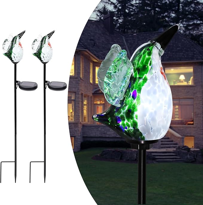 Afirst Solar Hummingbird Garden Stake Lights Hand Blown Glass Decorative Garden Pathway Lights Outdoor Waterproof Bird Glass Stakes 2 Pack