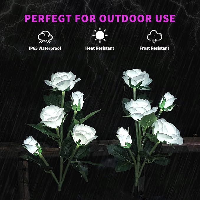 Solar Garden Rose Lights, Decorman 2 Pack Realistic Solar Outdoor Flower Lights Waterproof LED Stake Landscape Decorative Lights with 10 Roses for Garden, Lawn, Yard, Pathway, Patio, Backyard (White)