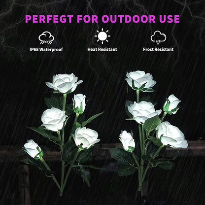 Solar Garden Rose Lights, Decorman 2 Pack Realistic Solar Outdoor Flower Lights Waterproof LED Stake Landscape Decorative Lights with 10 Roses for Garden, Lawn, Yard, Pathway, Patio, Backyard (White)